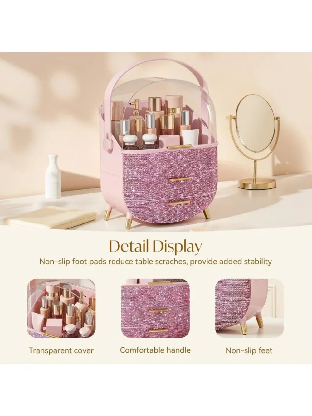 Chic Bling Makeup Organizer - Clear Cosmetic Display Case for Teen Girls, Pink